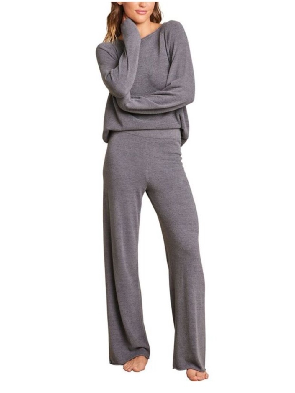 Barefoot Dreams Womens 2Pc Jersey Roll Pullover & Wide Leg Pant Set. Sz L NWT